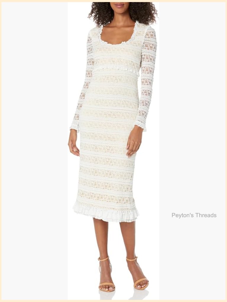 Lace Illusion Sleeve Sheath Midi Dress - Fitted Body, Zipper Back